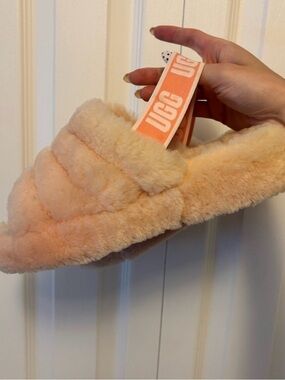 UGG Peach Fluff Slide with Logo Strap